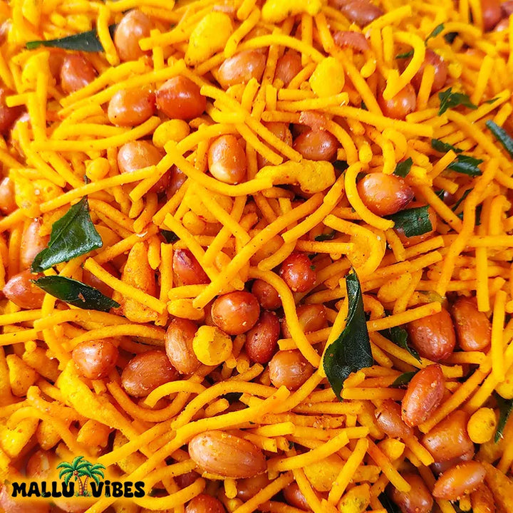 Top view of package design crunchy mixture in a Mallu Vibes Organic Kerala snacks, malayalam - Kerala snacks chivada