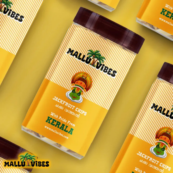 Top view of package design of crispy Mallu Vibes Traditional Kerala food Jackfruit chips in a bowl, malayalam - Best Kerala snacks online chakka upperi