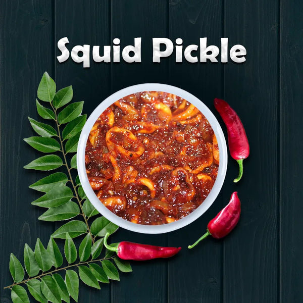 Top view of spicy seafood squid pickle in a Kerala pickles rich spice blend with Homemade Kerala pickles, and No Preservatives, malayalam - Homemade Fresh kanava achar